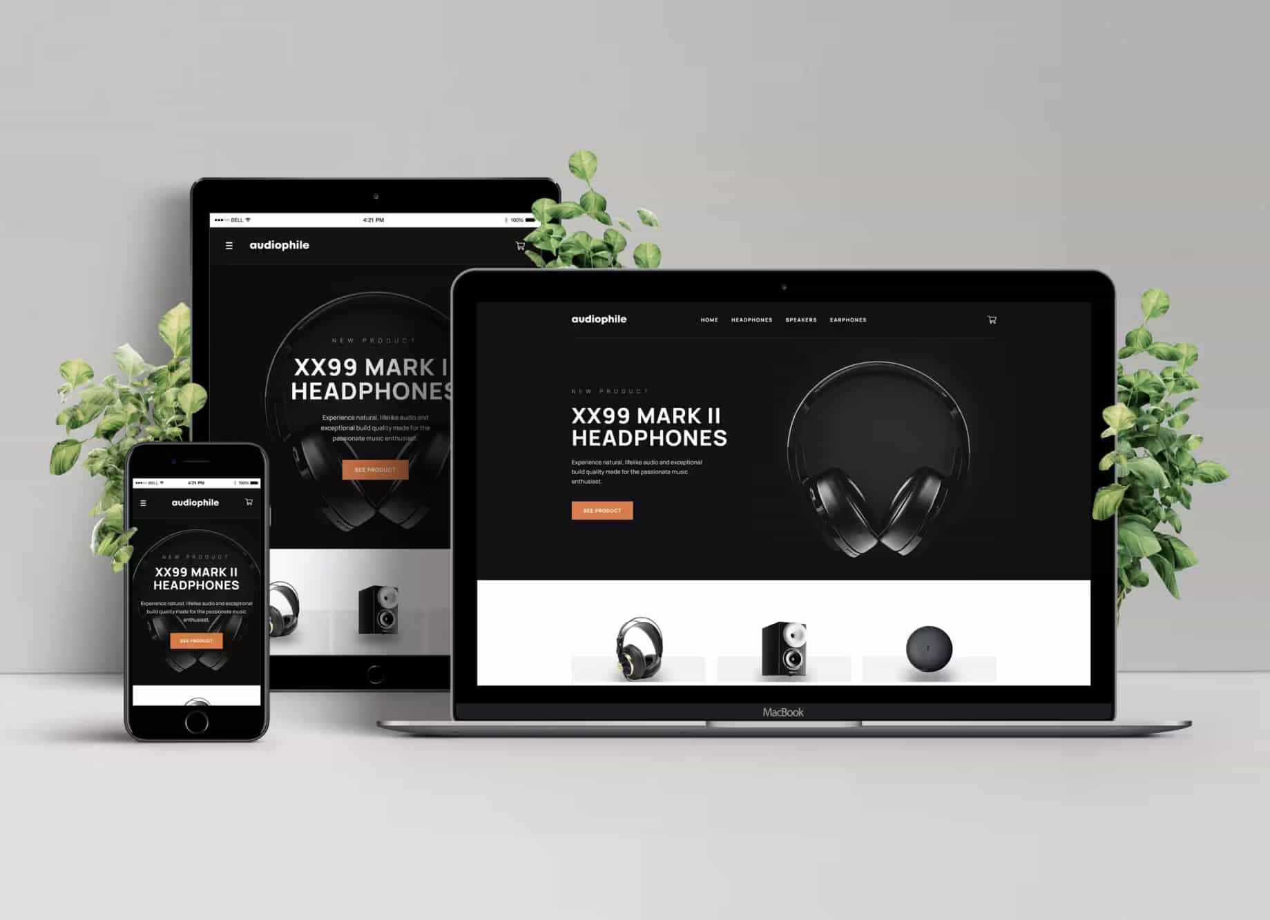 Mockup responsive de la page d'accueil du site Audiophile