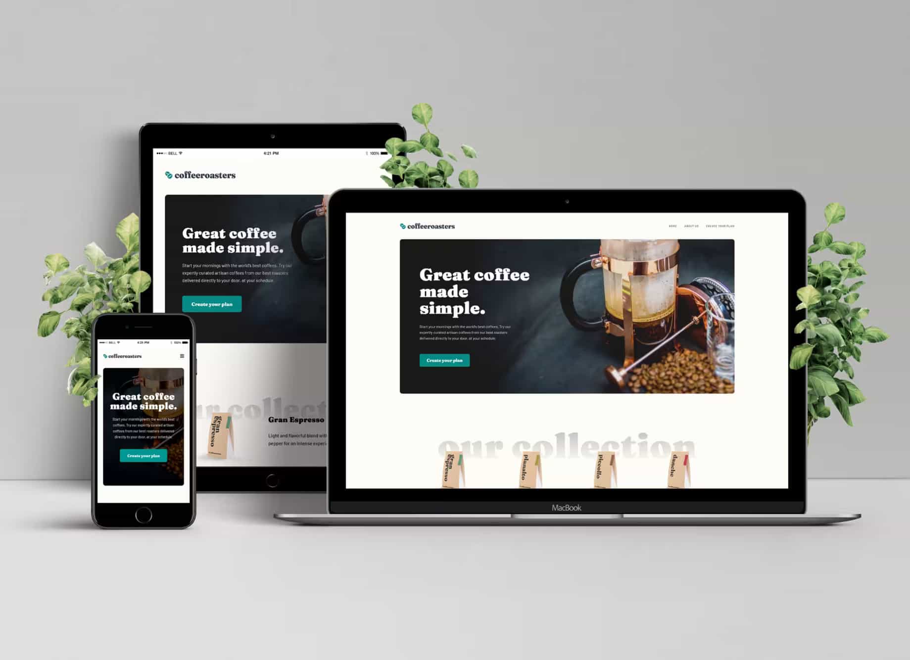 Mockup responsive de la page d'accueil du site CoffeeRoasters