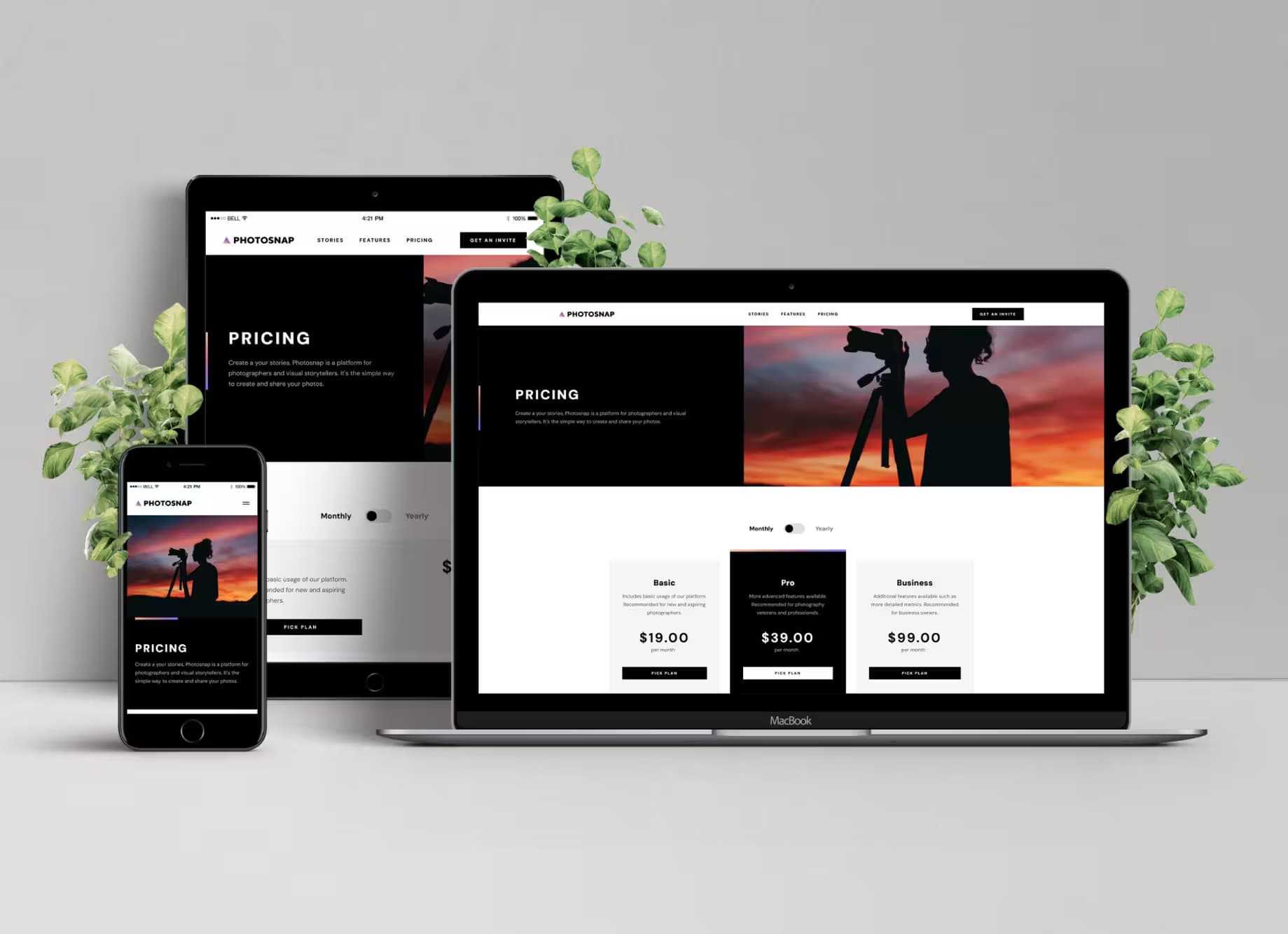 Mockup responsive de la page de tarif de Photosnap