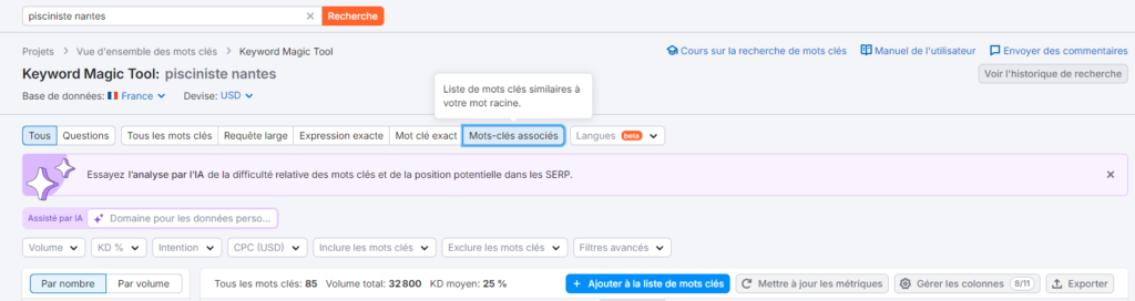 recherche sur SEMRush de taille du marché cible