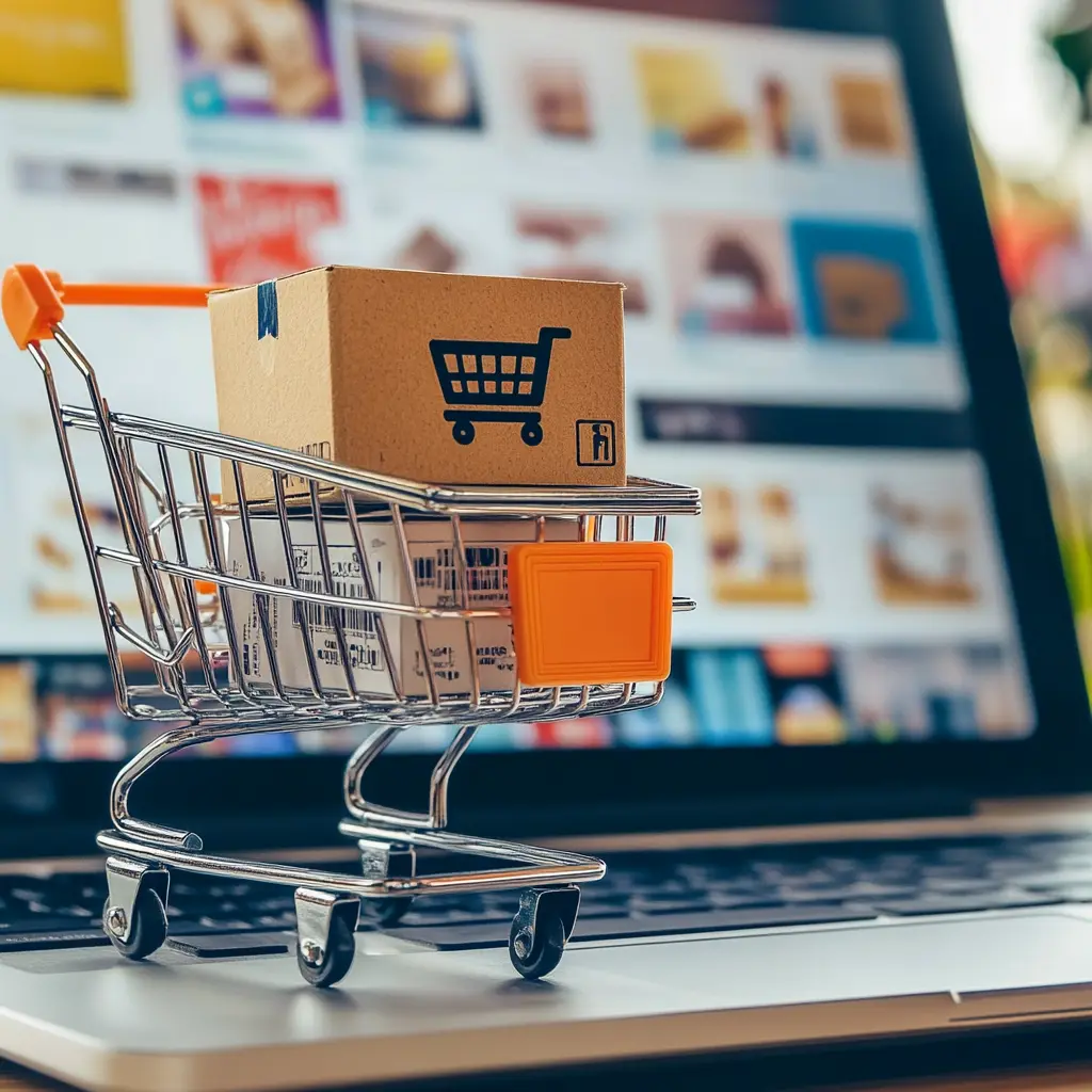 image d'un petit caddie avec des cartons dedans, devant un écran d'ordinateur