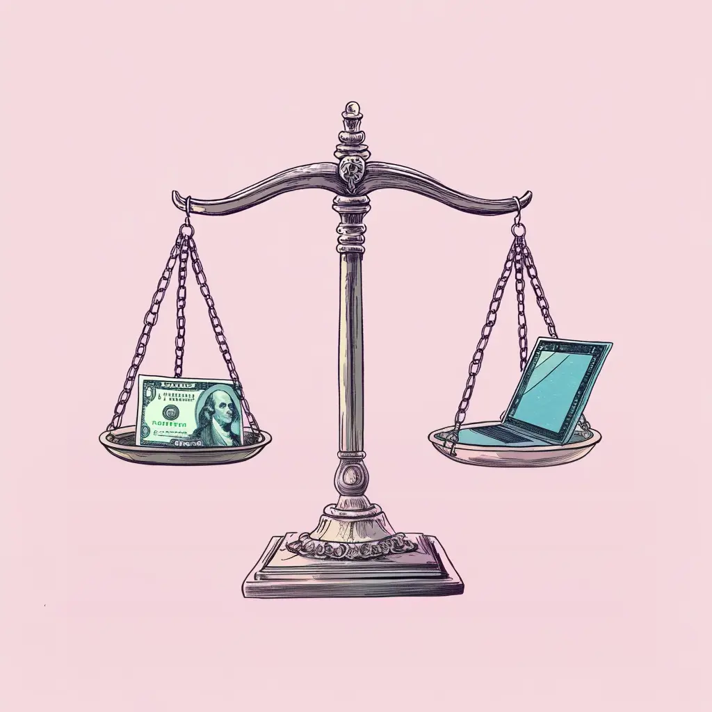 Illustration balance avec d'un côté de l'argent et de l'autre un ordinateur