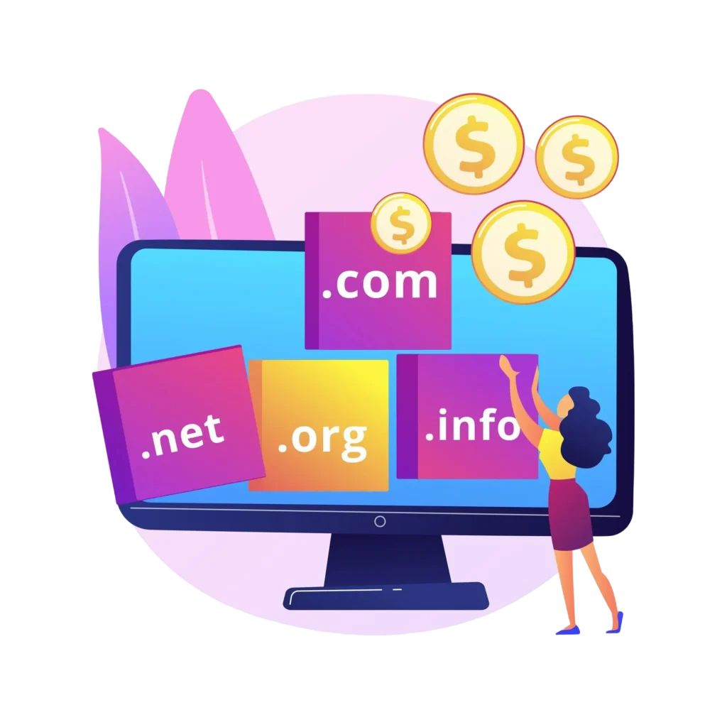 illustration femme lançant des pièce à des boites contenant des extension de nom de domaine