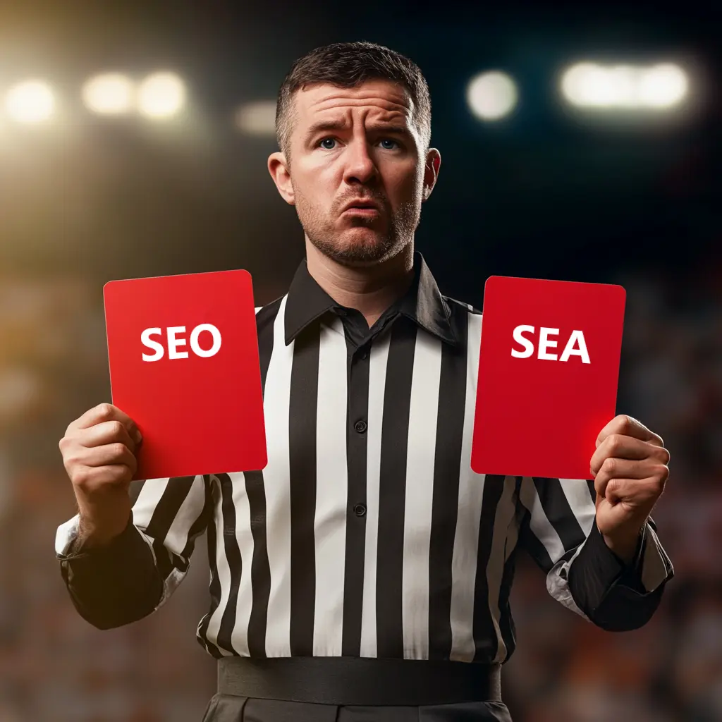arbitre brandissant deux carton rouge avec écrit seo et sea