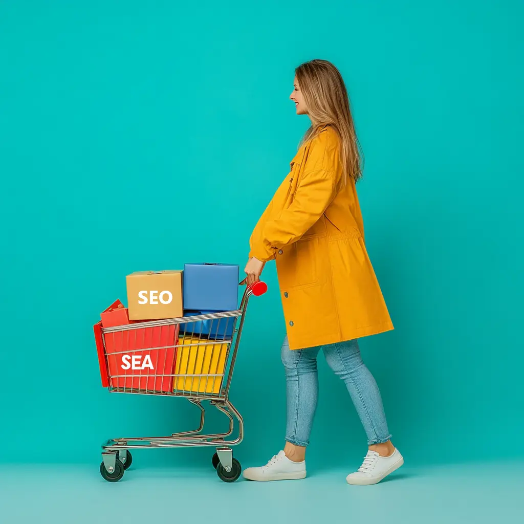 Femme poussant un caddie avec seo et sea dedans