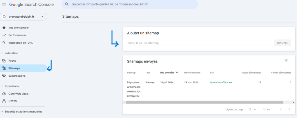 Capture d'écran ajout sitemap sur Google Search Console