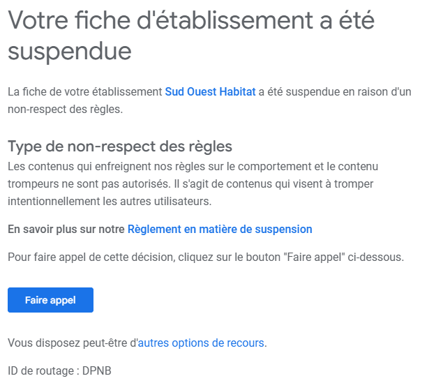 mail informant fiche gmb suspendue
