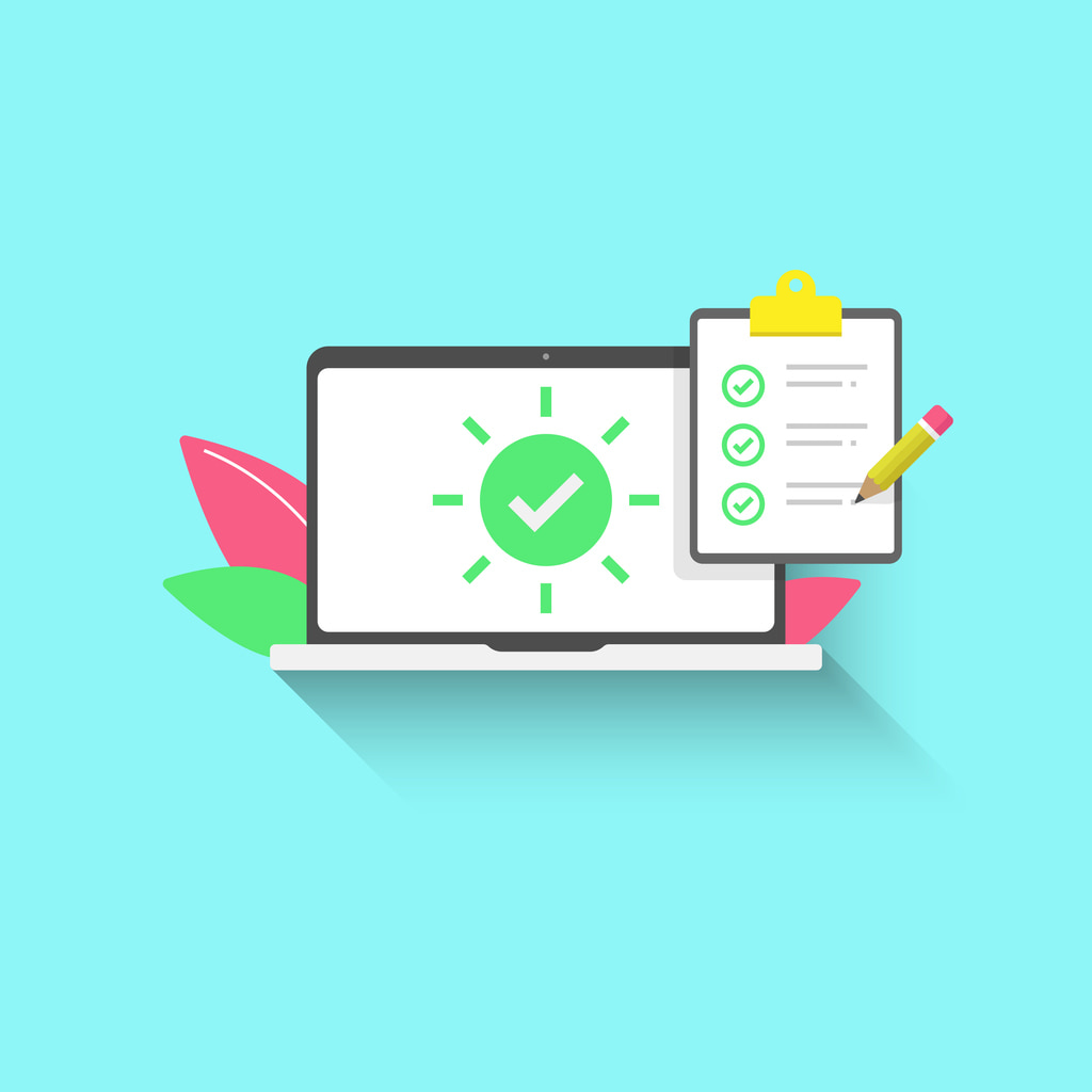 illustration d'un ordinateur avec à sa droite une checklist et toutes les lignes cochées