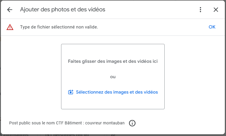 Exemple de message Google lorsque photo ne respecte pas les règles de base