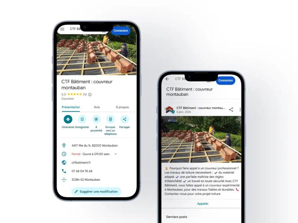 Fiche Google My Business de CTF Bâtiment affiché dans mockup mobile