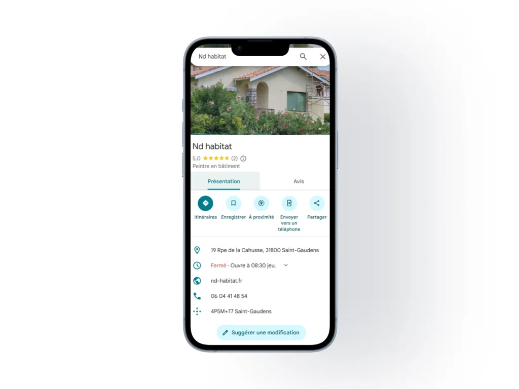 Mockup mobile fiche GMB de ND Habitat