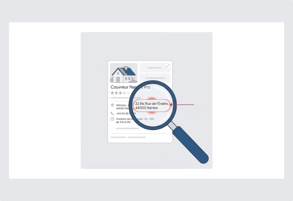 Illustration d'une fiche GMB avec loupe identifiant problème