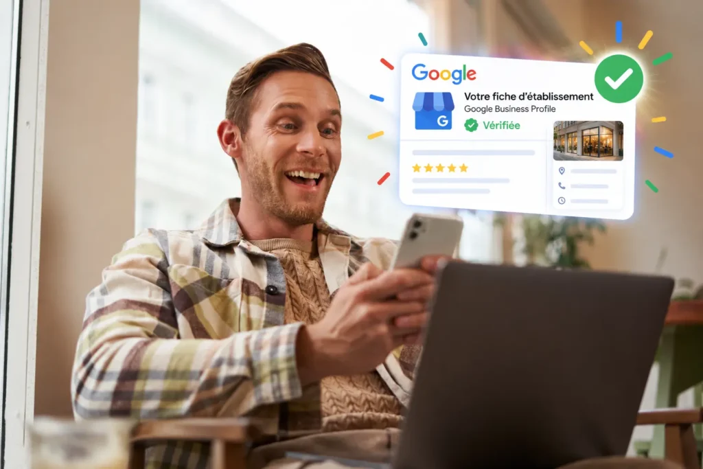 homme assis dans un café heureux que sa fiche Google ait été validée