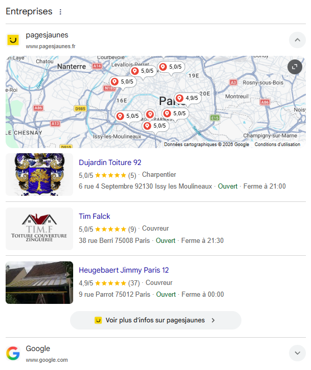 Bloc Entreprises de Google sur une recherche de couvreur : PagesJaunes affiché en premier, Google en dessous