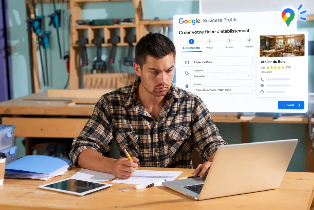 artisan dans son atelier en train de créer fiche google business profile
